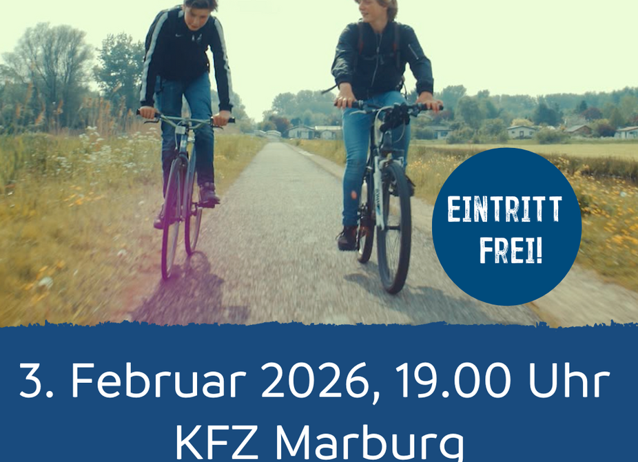 Sharepic zur Filmvorführung Das Sharepic zeigt im oberen Bereich zwei fahrradfahrende Jungen aus dem Film und unten die Informatinen zur Veranstaltung