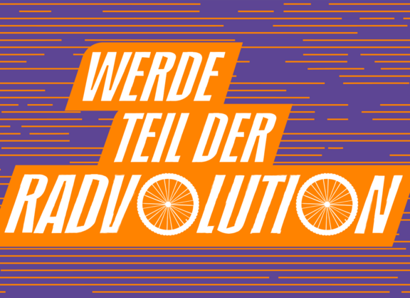 Werde Teil der Radvolution! Schriftzug "Werde Teil der Radvolution" in orange auf lila Hintergrund